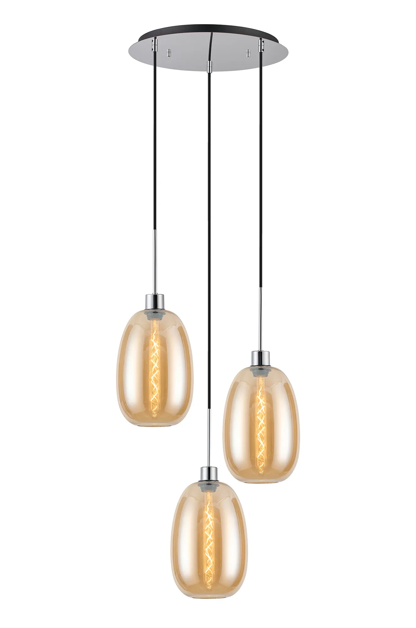 Lori 40cm Round Pendant, 3 Light Adjustable E27, Polished Chrome/Amber Slim Curved Trapezium Shades DK1267  Deco Lori Polished Chrome